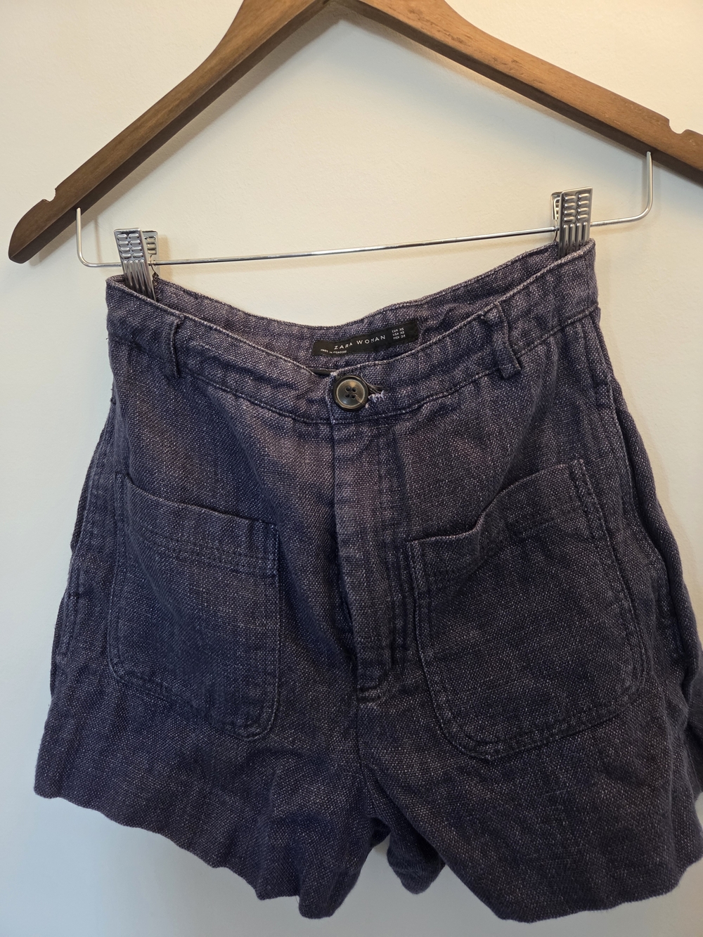 Zara Dark Blue High Quality Linen Blend High-Waist Shorts